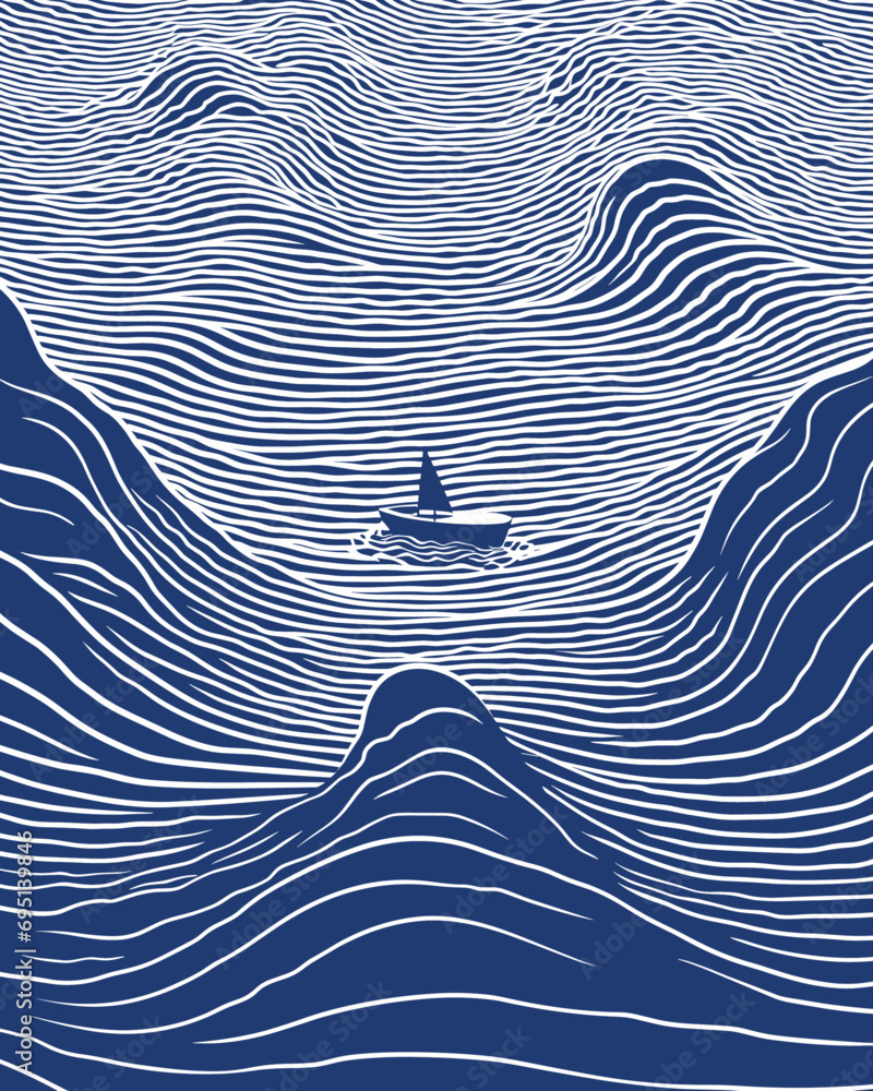Sea wave background. Vector illustration. Blue waves with a boat.