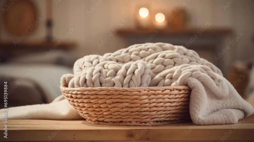 Obraz premium Thick knitted blankets are kept in the room with a basket.