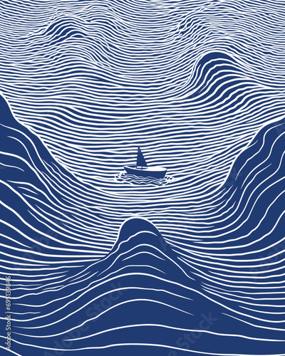 Obraz na płótnie Sea wave background. Vector illustration. Blue waves with a boat. w salonie