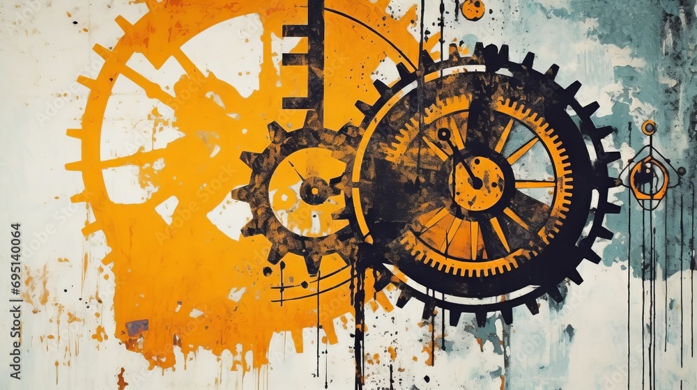 Fototapeta premium A steampunk illustration with gears and bright colors. Generative AI. 