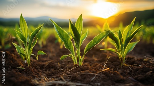 Corn sprouts growing in a cultivated field under the sunset.