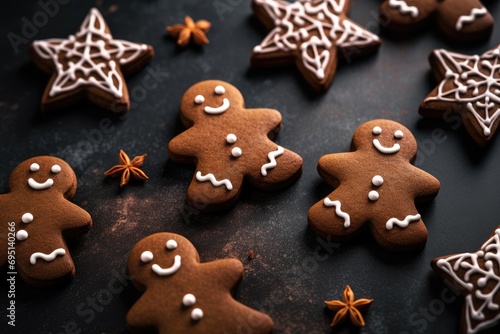 Many different gingerbread cookies on black background. Christmas greeting card with cinnamon cookies with icing decoration. Gingerbread man. Holiday baking concept. Top view, flat lay, copy space