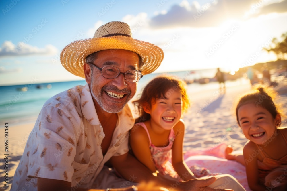 grandfather and granddaughters having a good time on beach at sunset, Okinawa, Japan