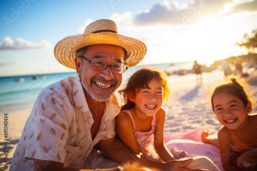 grandfather and granddaughters having a good time on beach at sunset, Okinawa, Japan