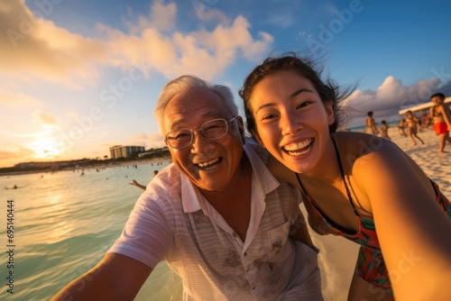 grandfather and granddaughters having a good time on beach at sunset, Okinawa, Japan © sirisakboakaew
