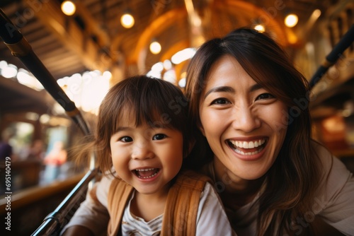Beautiful young Asian mother taking a selfie with her cute daughter on a ferris wheel