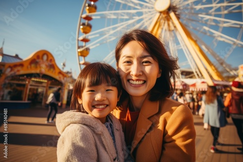 Beautiful young Asian mother taking a selfie with her cute daughter on a ferris wheel