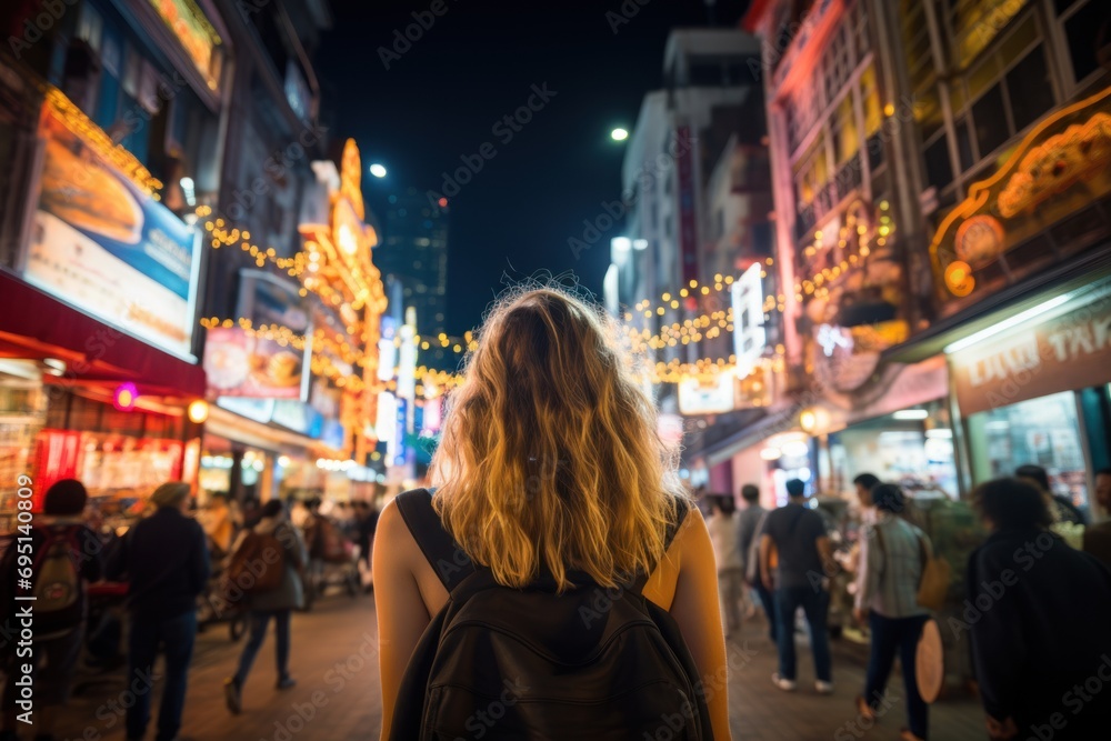 Traveler asian enjoying and walking at street city on night time.