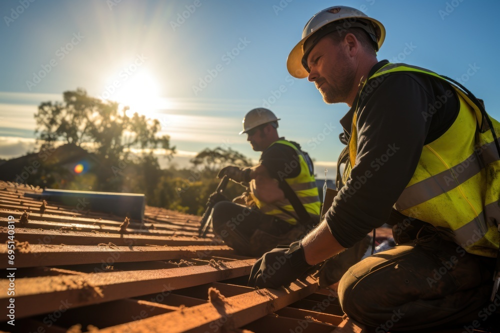 Two construction workers installing roof tiles at construction building Two construction workers installing roof tiles at construction building