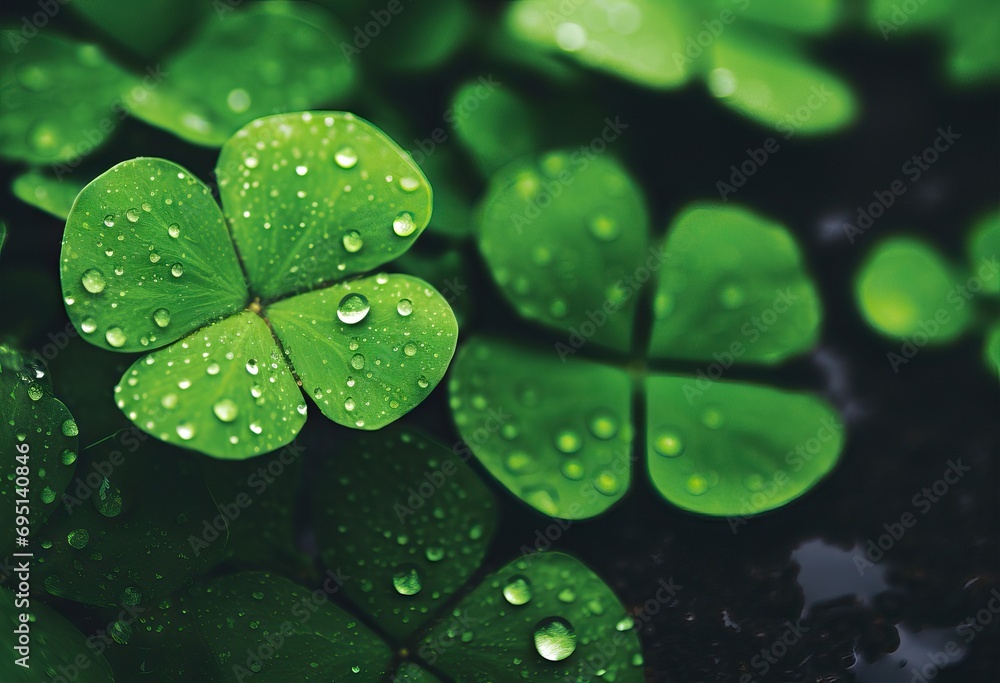 Clover leaves on green background. Three-leaved shamrocks. St Patrick Day holiday symbol. Template for design card, invitation, banner Clover leaves on green background. Three-leaved shamrocks. St Patrick Day holiday symbol. Template for design card, invitation, banner