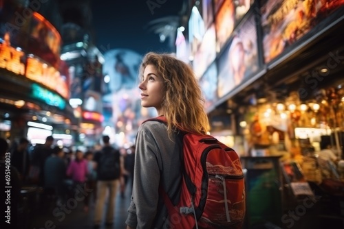 Traveler asian enjoying and walking at street city on night time. © sirisakboakaew