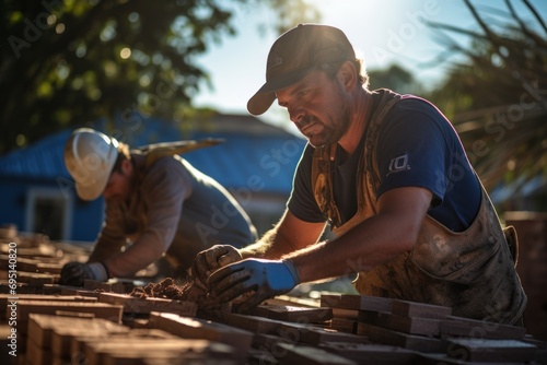 Two construction workers installing roof tiles at construction building