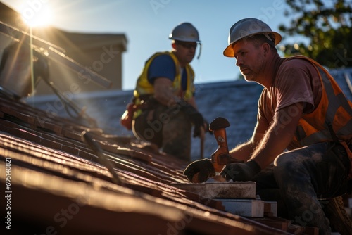Two construction workers installing roof tiles at construction building photo