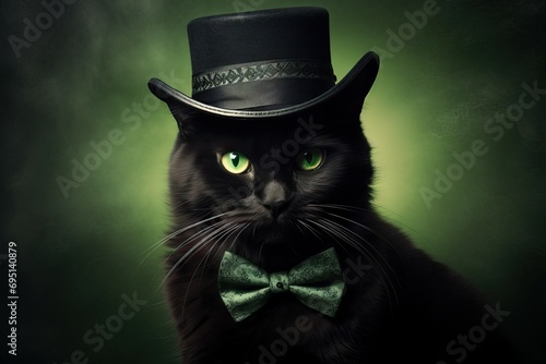 Black cat in cylinder hat and bow tie on dark green background. Funny serious pet. St Patrick day concept with copy space for card, banner, poster, flyer