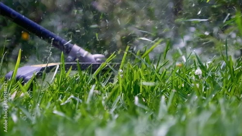 Cutting green grass with whipper snipper. Hand held grass trimmer mowing lawn. Grass shreds flying around in slow-mo. photo