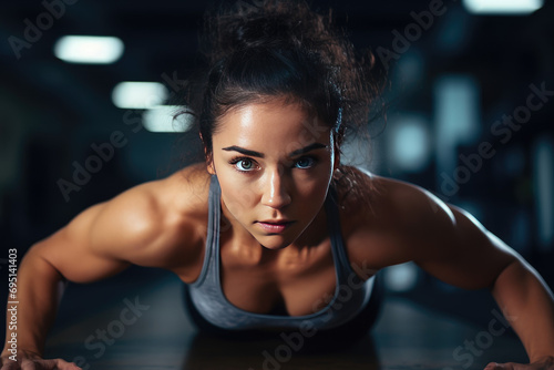 Close-up of a young woman in the gym, pushing through an intense set of push-ups