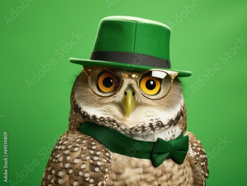 Portrait photorealistic of anthropomorphic fashion  owl dressed for St. Patrick s Day isolated on solid green background. Creative animal concept.