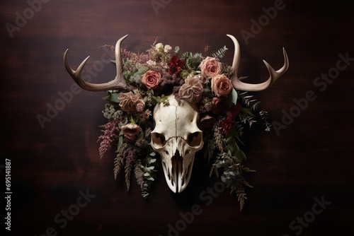 Elk scull with horns and wreat hanging on dark wooden wall. Outdoor decorations. Pagan Christmas, New Year, Yule. Psychedelic ethnic element. Mystical design for Halloween print, card, poster, decor photo