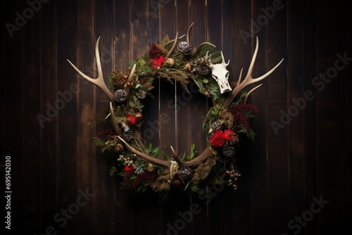 Wreath with fir tree branches, flowers and antler hanging on wooden wall. Outdoor decorations. Pagan Christmas, New Year, Yule. Ethnic decor. Mystical design for Halloween card, poster, banner