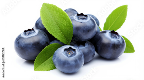 Blueberries with leaves isolated on white backgrounds. generative ai