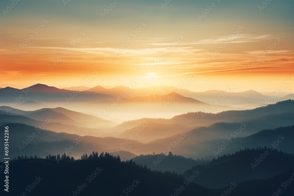 serene sunrise paints mountain peaks and valleys with warmth, Generative AI