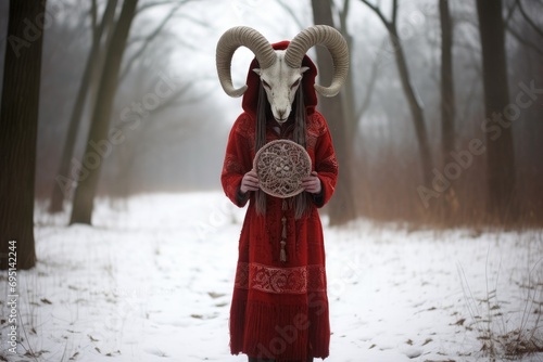 Shaman wearing in horn animal skull and red cloak on blurred winter landscape. Mystical ritual of death. Sacred objects for ancient pagan rites. Slavic or Scandinavian culture ritual photo