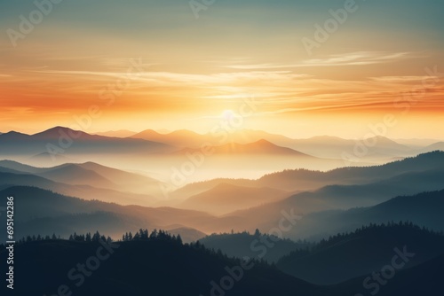 serene sunrise paints mountain peaks and valleys with warmth, Generative AI