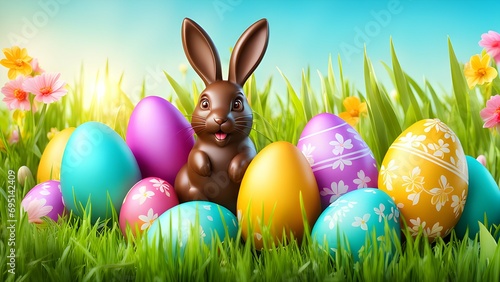 3d Beautiful Happy Easter banner with chocolate rabbits and beautiful painted eggs set on grass. Concept of Easter egg hunt or egg decorating art.  © AI ARTS