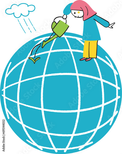 地球と植物に水を上げるムスリムの少女　イラスト素材	
