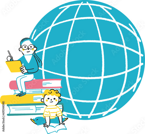 本に腰かけて勉強する子供たちと地球　イラスト素材	
