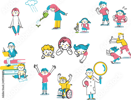学習観察する子供たち　セット　イラスト素材	
