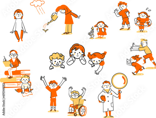 学習観察する子供たち　セット　イラスト素材	
