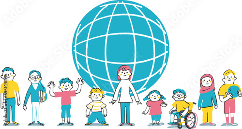 地球と年齢や人種、国籍の違う子供たち　小学生　イラスト素材
