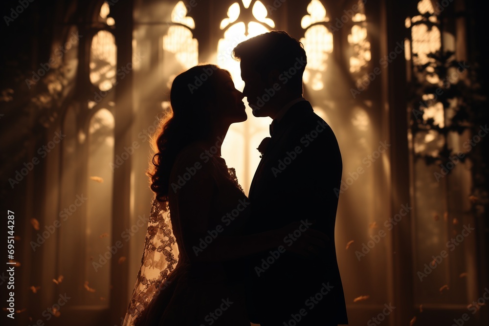 Silhouette and Close-up at hands of marriage couple during wedding. Valentine's day concept.