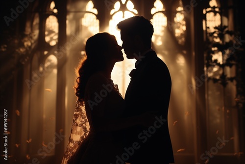 Silhouette and Close-up at hands of marriage couple during wedding. Valentine's day concept.