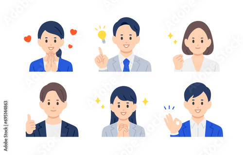 ポジティブなビジネスパーソン男女の上半身セット【人物ベクターイラスト素材】
