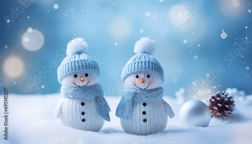 Christmas handmade yarn knitted snowman illustration, winter holiday scene background © lin