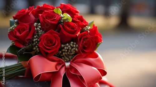 A close-up of a red bow enhancing the appeal of a carefully arranged floral bouquet.