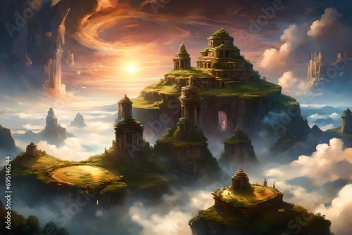 Majestic floating islands adorned with ancient ruins, suspended above a sea of ethereal clouds illuminated by the radiant light of a celestial nebula.