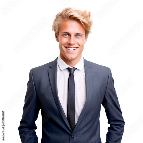Powerful young blond hair blue-eyed CEO businessman posing over isolated transparent background photo