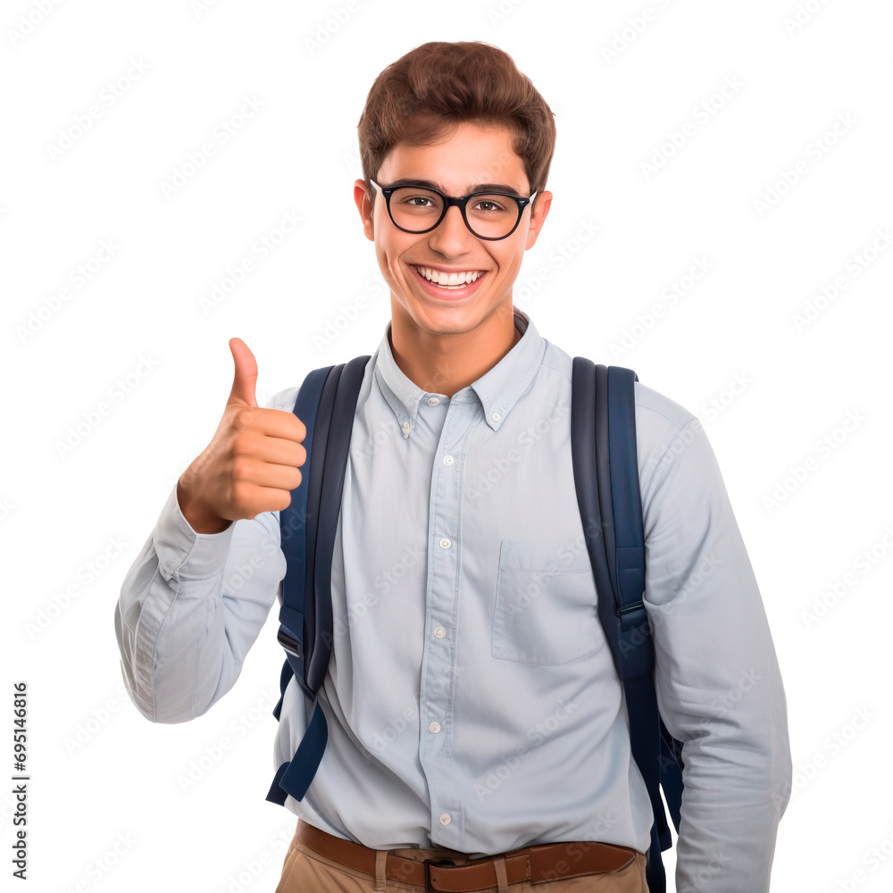 Smart young male university student wearing eye glasses and doing thumbs up over white transparent background Smart young male university student wearing eye glasses and doing thumbs up over white transparent background