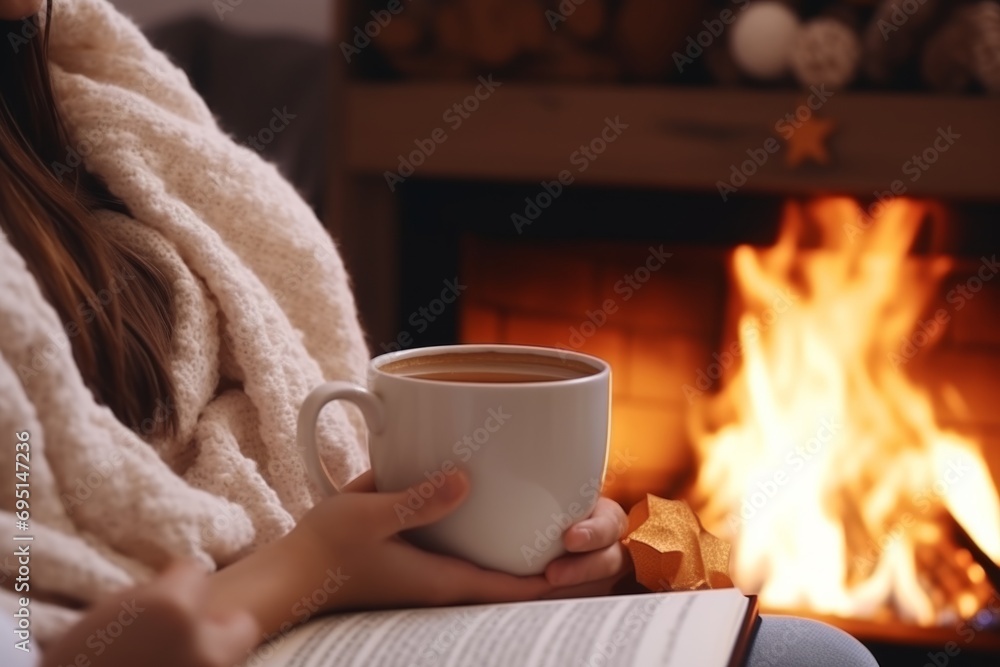 Woman sitting enjoying home comfort hot coffee tea winter evening cozy warm fireplace wrapped blanket rest relax indoors satisfaction peace delight calmness dream wellbeing heating hearth vacations