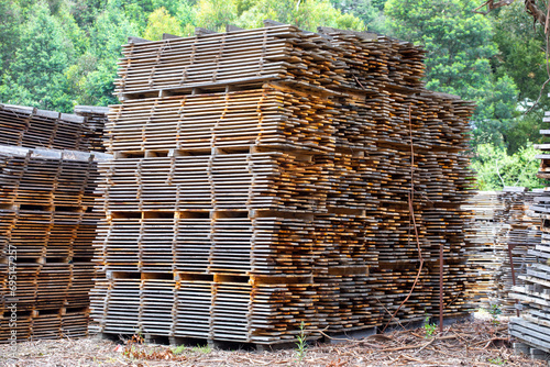 Australian Hardwood timber planks stacked for drying.