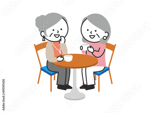 カフェでおしゃべりをするシニア女性の二人組