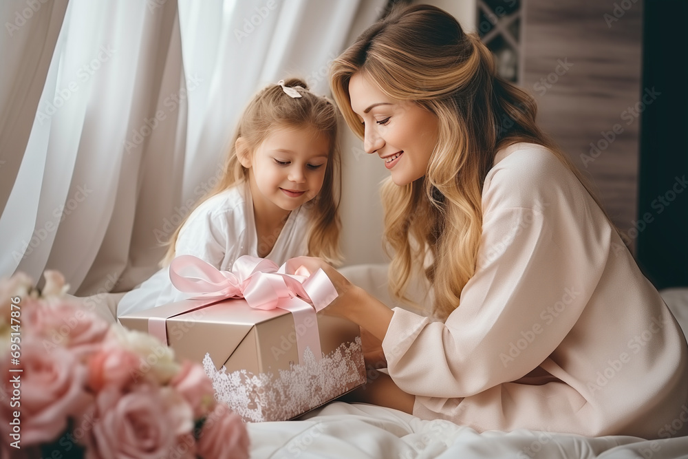 Scene concept for Mother's Day and other holidays. Mom and daughter open a gift, a large box tied with a pink ribbon and a bow. Scene concept for Mother's Day and other holidays. Mom and daughter open a gift, a large box tied with a pink ribbon and a bow.