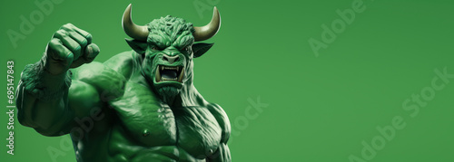 Muscle bull gesture fist pump  bull showing fighting pose on green background  bullish divergence in stock market and cryptocurrency trading