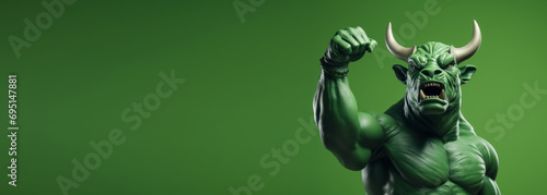 Muscle bull gesture fist pump, bull showing fighting pose on green background, bullish divergence in stock market and cryptocurrency trading photo