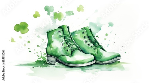 Playful watercolor scene of dancing Irish shoes on a St Patrick's Day background