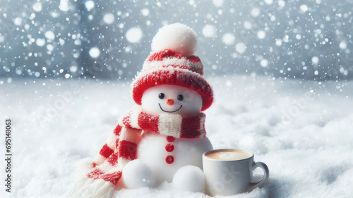 snow scene with a snowman sitting in the snow wearing a red and white hat and scarf. The snowman is smiling, there is a cup of hot drink next to him. The general scene creates a cozy and festive atmos