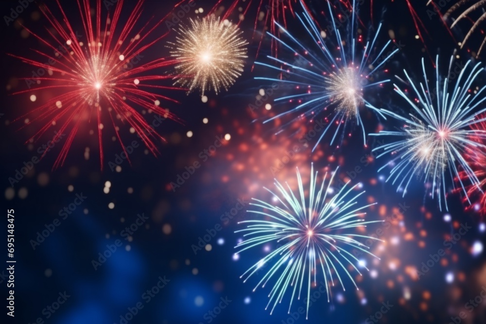 Naklejka premium Multi colored fireworks salute new year 2024 magic night bright light effects show illuminated holiday celebrate december sky fire bang flash sparkle burst pyrotechnics atmospheric christmas explosion